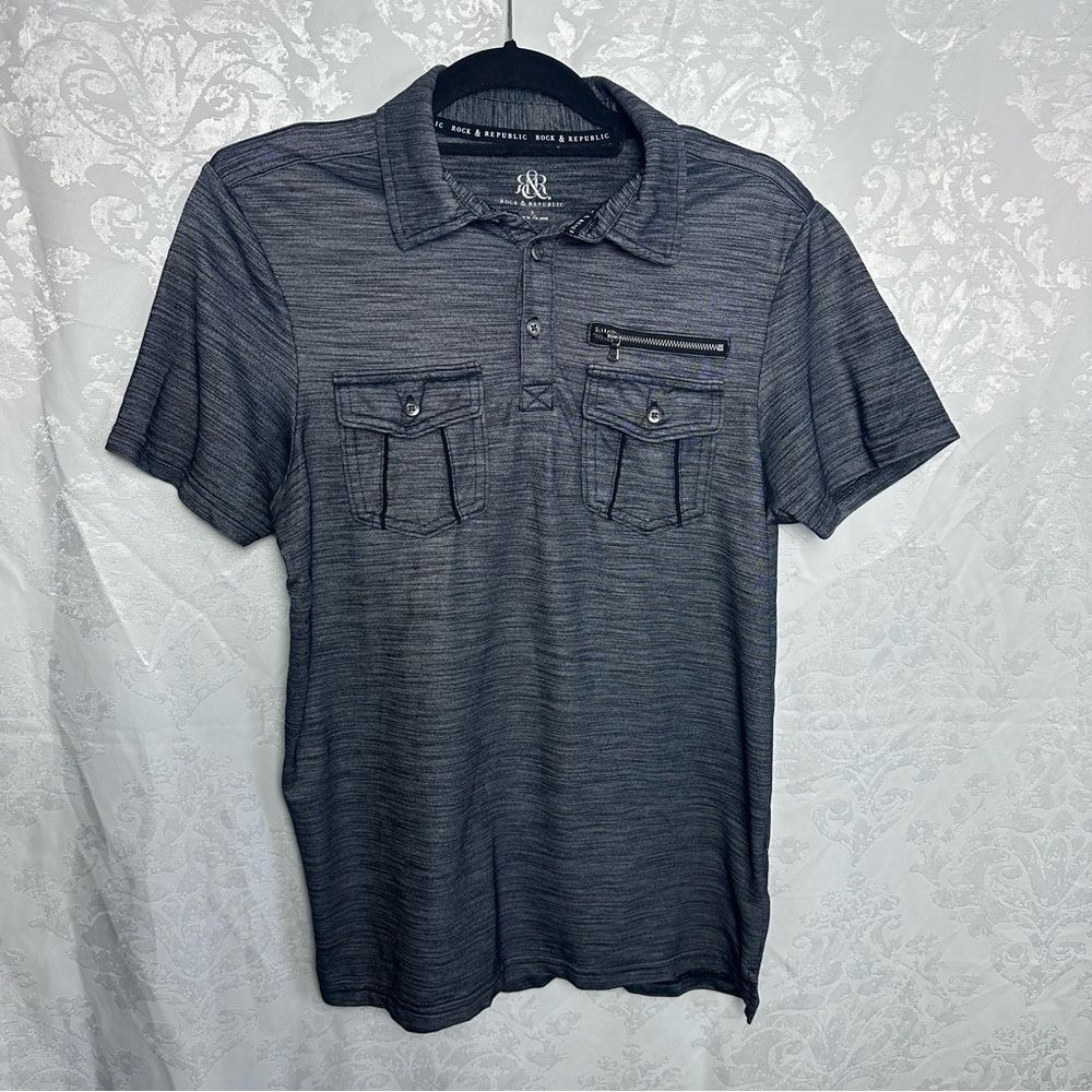 Rock & Republic Polo Mens Gray Military Pocket Zippers Shirt‎